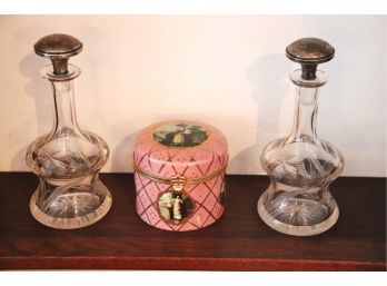 Includes A Pair Of Etched Glass Decanters With A Limoges Style Trinket Box