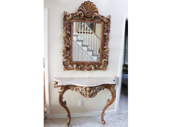 Carved Wood Mirror With Ornate Shell Crown & Matching Carved Wood Wall Mounted Console With Beveled Edge