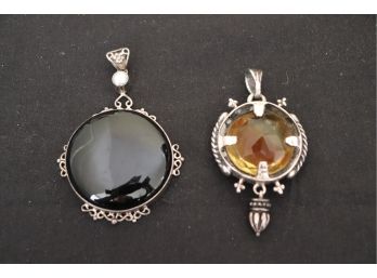 2 Large Sterling Pendants - Pendant With Black Stone Is Approximately & Amber Colored Pendant