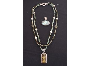 Pretty Dual Layered Beaded Necklace With Sterling Amber Pendant & Sterling Abalone Pendant Green Beads