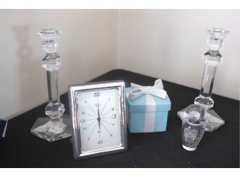Sterling Frame, Tiffany & Co Trinket Box & Crystal Candlestick By Val St Lambert, Signed Paper Weight