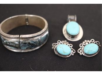Pretty Sterling / Abalone Style Cuff Bracelet, Sterling/ Stone Pendant Long With Matching Earrings