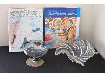 2 Coffee Table Books Post Impressionism, Posters Of Belle Epoque & Mackenzie Childs Painted Bowl
