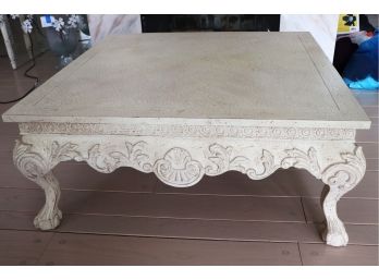 Large Carved Wood French Country Style Coffee Table With A Crackle Finish, Shell Motif & Claw Legs
