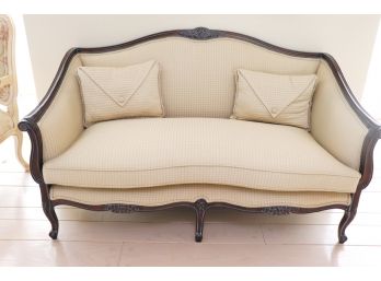 Pretty Custom Upholstered Settee With Nice Quality Textured Linen Fabric & Matching Pillows