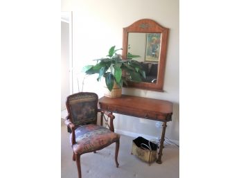 Leather Top Desk On Metal Frame With Stenciled Wall Mirror