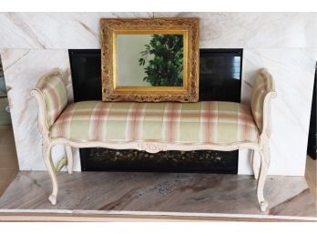 Small French Style Bench With A Pretty Neutral Tone Fabric Includes Carved Gilded Mirror