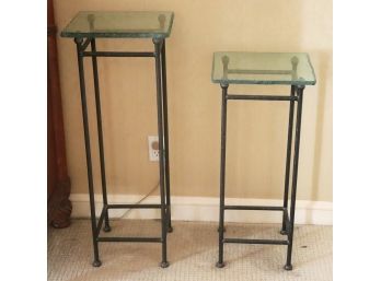 Set Of 2 Metal And Glass Pedestals With A Nice Textured Rough Edge