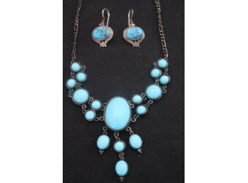 Sterling/Turquoise Earrings & Pretty Necklace With Polished Blue Inserts