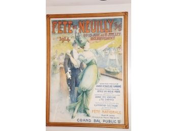 Large Vintage Style Framed French Poster 'Fete De Nuilly' Grand Bal Public 1914 Appx 40 Inches X 55 Inches