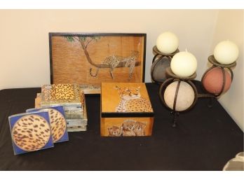 Decorative Candle Centerpiece & Cheetah Cocktail Accessories With Tray