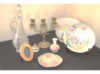 Etched Glass Decanter, Sully & Sully Picture Frame, Brass Candelabra, Small Plates Etc.