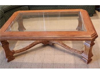 Large Heavy Wood & Glass Coffee Table With A Beveled Edge