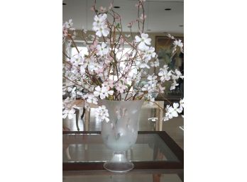 Large Pretty Frosted Etched Glass Centerpiece With Floral Design & Faux Wild Orchids