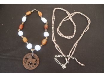 Polished Stone Necklace With Carved Stone Horse Medallion Pendant Beaded Necklace With Silver Beads