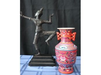 Thai Style Dancer Figurine With Colorful Asian Vase