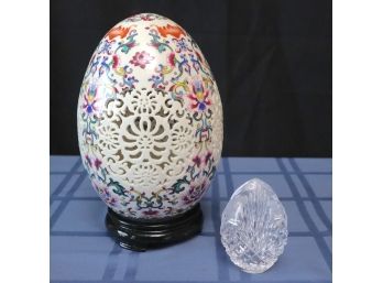 Large Hand Painted Pierced Porcelain Egg On Stand & Heritage Crystal Egg