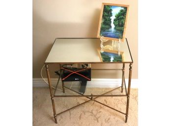 Mirror Top Classic Style Side Table With Gold Metal Legs & Framed Artwork