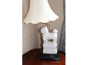 Interesting Table Lamp With White Porcelain Foo Dog On Plinth