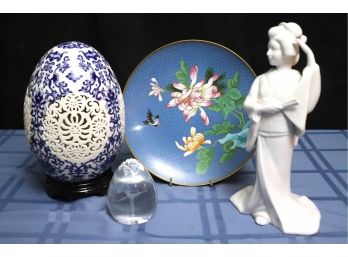 Pierced Porcelain Hand Painted Egg, Cloisonn Plate & Porcelain Geisha Figurine