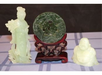 Nice Lot Of Jade Colored Items With Buddha, Quan Yin & Coin On Stand