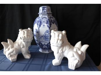 Pair Of White Ceramic Foo Fogs & Asian Design Covered Urn
