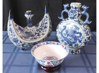 Lot Of 3 Unique Decorative Accessories With Chinese Blue & White Porcelain Objects