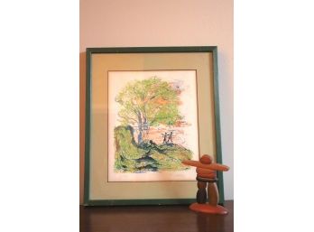 Signed Numbered Lithograph Signed Laurie & Asymmetric Wood Figurine