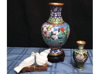 Intricate Cloisonne Vase On Stand & Alabaster Love Birds