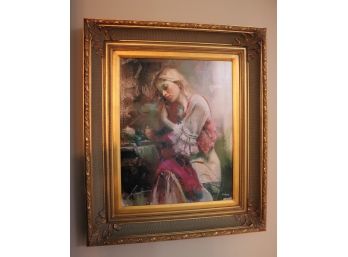 Lovely Giclee Of Beautiful Young Woman At Her Boudoir In Classic Gold Frame
