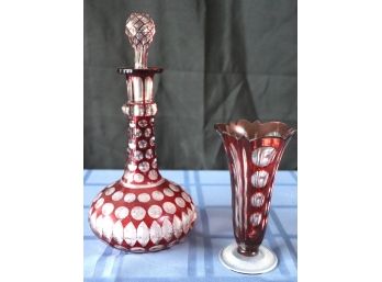 Antique Red Cut To Clear Decanter & Antique Vase