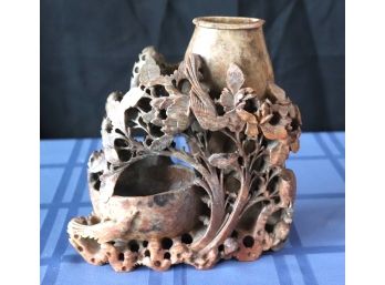 Carved Soapstone Double Brush Pot Vase With Arc Of Flowers
