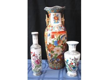 Group Of 3 Very Fine Porcelain Hand Painted Vases With Asian Motifs