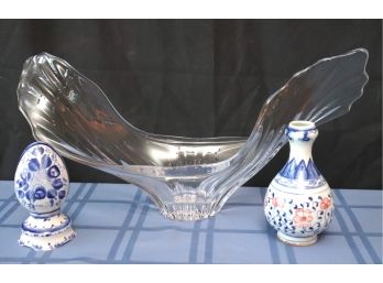 Cofrac France Crystal Centerpiece Bowl & 3 Porcelain Items