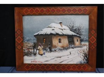 Signed Ukranian Oil Painting Of  House In Winter