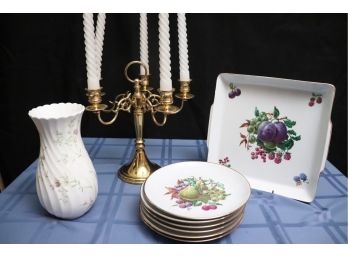 Lot Of Porcelain Items With Wedgwood Vase, Naaman Fruit Service & Brass Candelabra