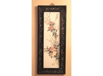 Hand Painted Chinese Porcelain Plaque In Carved Wood Frame
