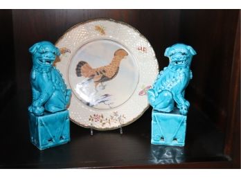Pair Of Vintage Turquoise Foo Dogs & Decorative Wall Plate