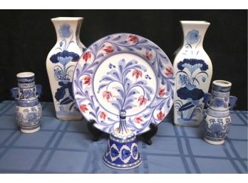 Lot Of Blue & White Porcelain Items With Vases & Cabinet Plate