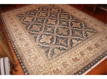 Hand Loomed Wool Area Rug With Navy Blue & Beige Geometric Design