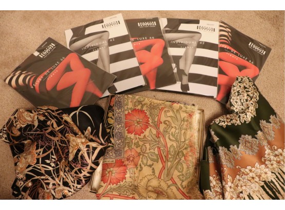 Lot Of Pretty Silk Scarves & 5 Wolford Individual 42 Medium Size Pantyhose
