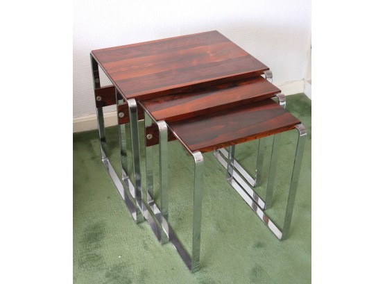Very Chic Set Of 3 MCM Rosewood & Chrome Nesting Tables