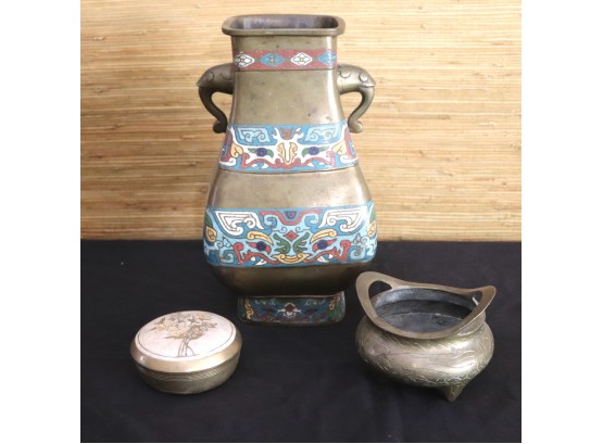 Vintage Champleve Vase & Small Chinese Brass Bowl