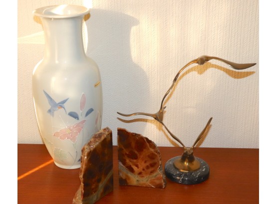 Porcelain Vase, Birds In Flight And Geode Bookends