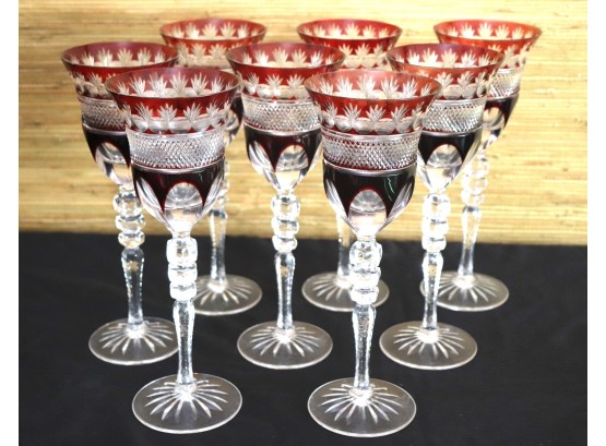 Beautiful Set Of 8 Czech Cut To Clear Etched Crystal Wine Glasses