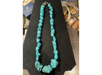 Chunky Rich Turquoise Stone Necklace With Silver Spaces Measuring 20' Long