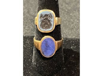 14K YG Pair Of Rings With Blue Center Stones
