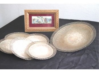 Persian Framed Miniature & Persian Style Engraved Metal Platter With Plates