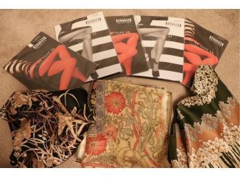 Lot Of Pretty Silk Scarves & 5 Wolford Individual 42 Medium Size Pantyhose