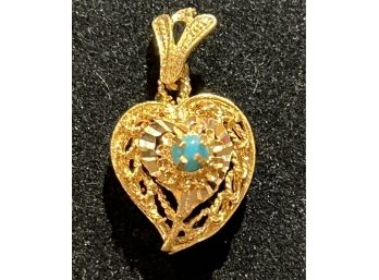 18K YG Fancy Pierced Heart Pendant With Turquoise Center Stone